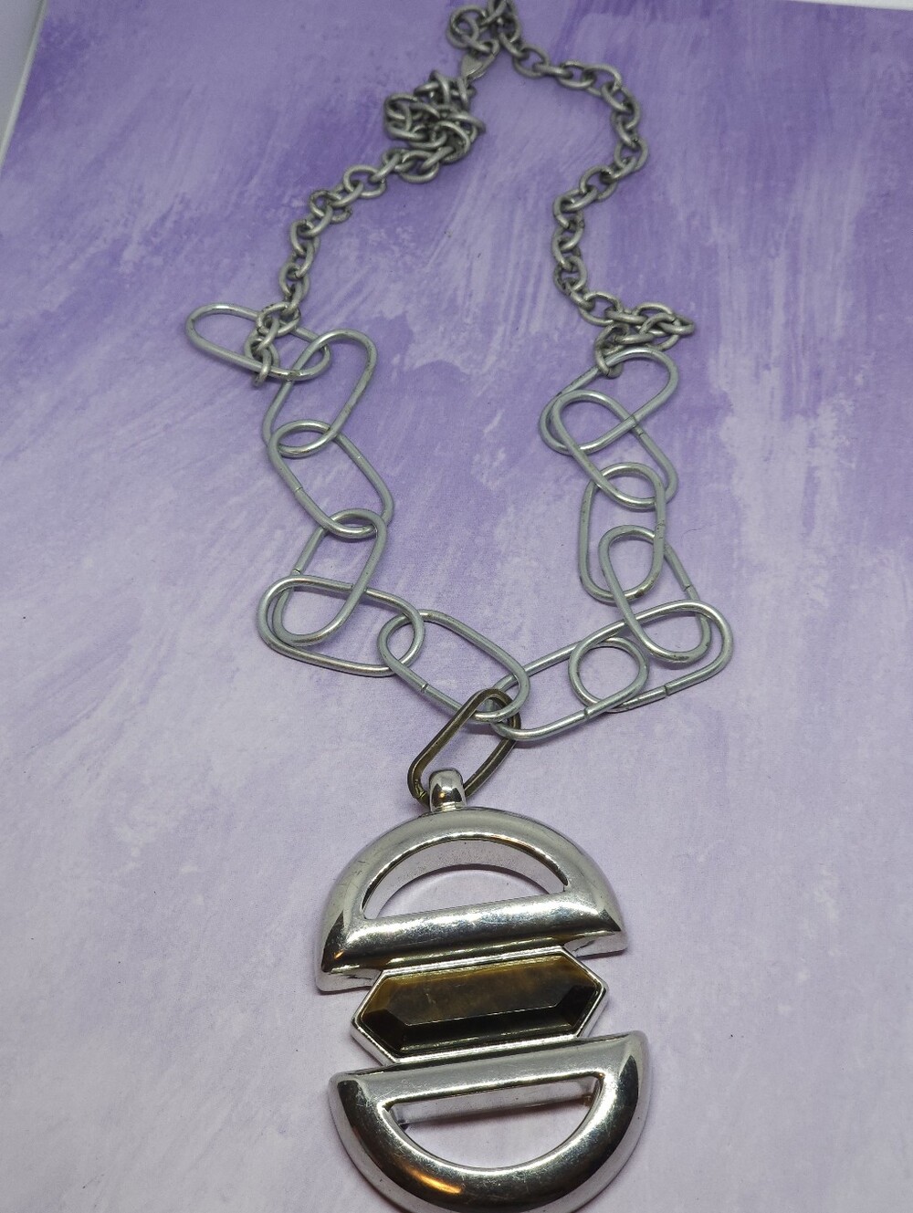 Lia Sophia Silver Tone Bold Modern Tigers Eye Pendant Necklace